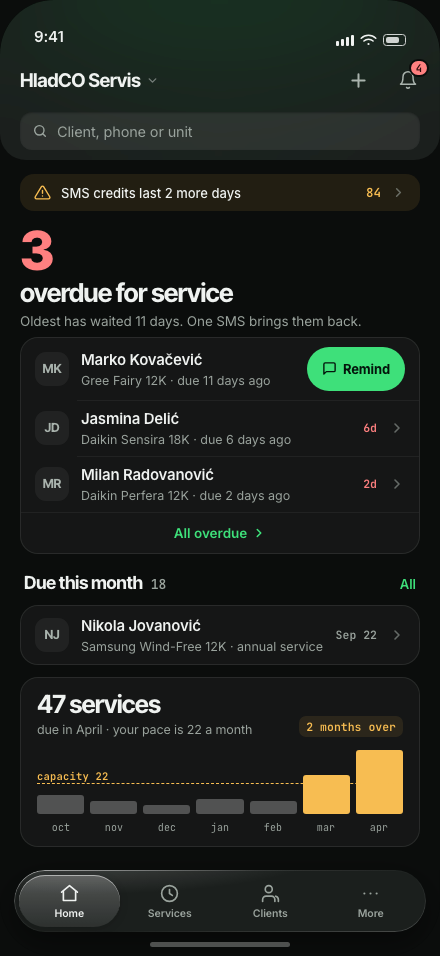 ExpireMate app home screen on a phone: customers whose service is overdue and services due this month