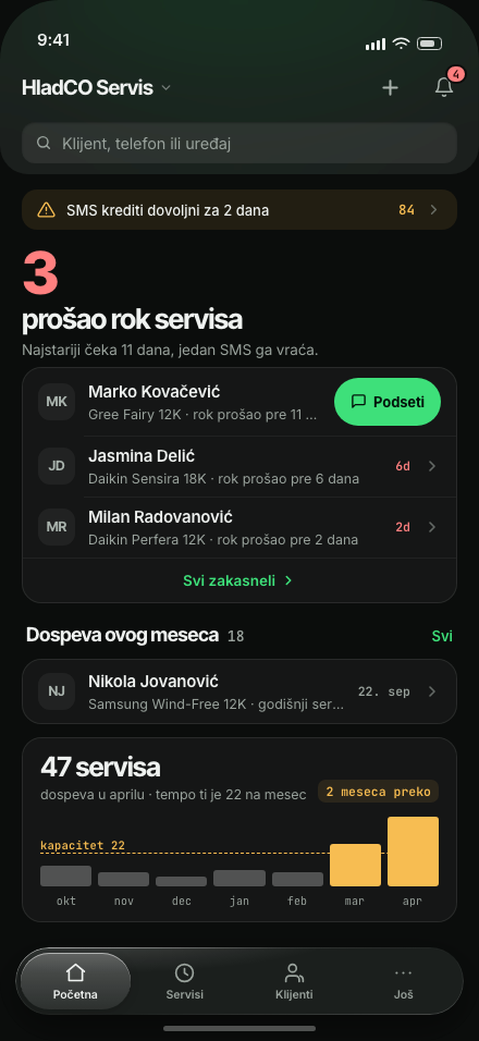 Početni ekran ExpireMate aplikacije na telefonu: klijenti kojima je prošao rok servisa i servisi koji dospevaju ovog meseca
